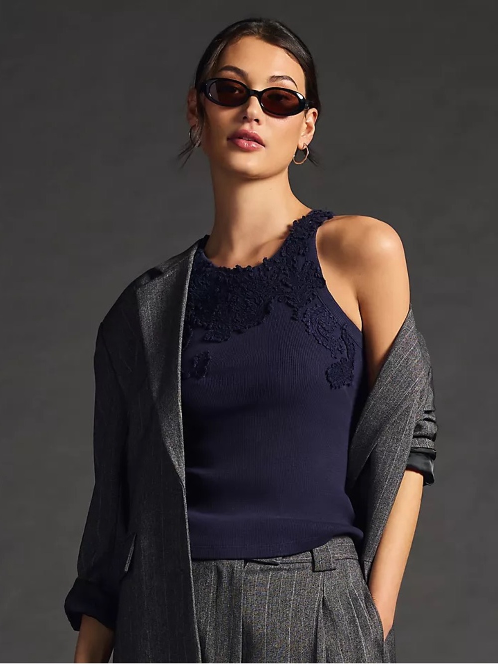 Anthropologie Navy Lace-Trim Cotton Tank Top Women’s XL Lace Appliqué Tank